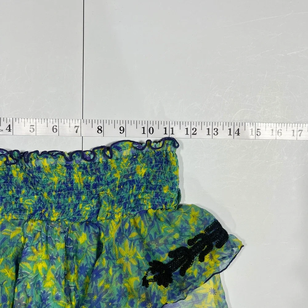 Poupette St Barth Silk Blend Floral Tiered Smocked Mini Skirt Size 0 Lettuce Hem